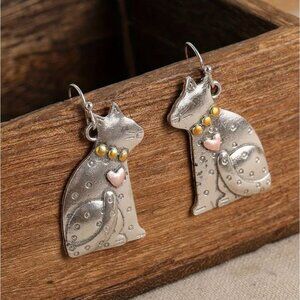 Cute Cat Dangle Earrings With Pink Heart Silver-Tone Metal 1.57" Hooks